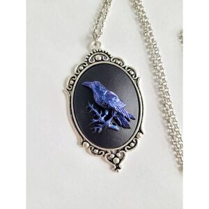 Blue Iridescent Raven Crow Gothic Rockabilly Cameo Necklace Pendant victorian
